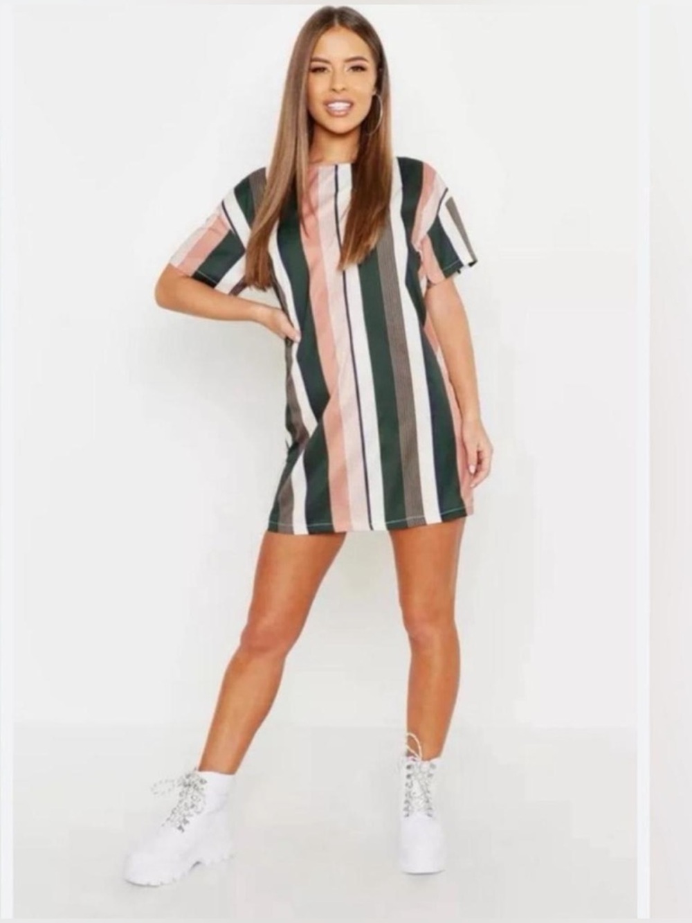Boohoo Tonal Short Sleeve Shift Dress Green, Pink, and White Size 8